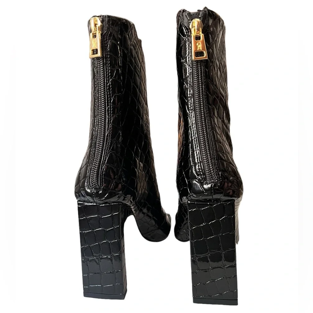 Good American Black Croc Embossed‎ Square Toe Mid-Calf Boots Size 6